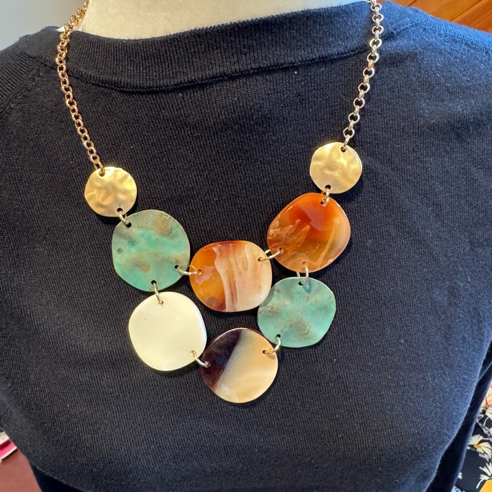 Abstract Disc Statement Necklace Blue Brown and Gold Tones Artistic Vibe